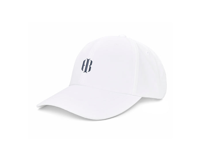 The Lightweight Performance Hat: White with HB Icon, featuring a six-panel design, slightly curved bill, adjustable closure, and moisture-wicking fabric for comfort.