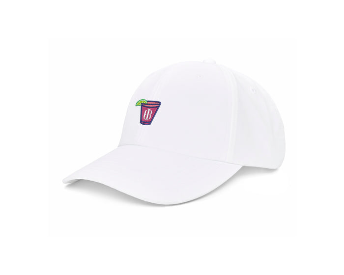 The Lightweight Performance Hat: White with Transfusion Icon features a pink cocktail glass patch and an adjustable fit with UPF 50+ protection.