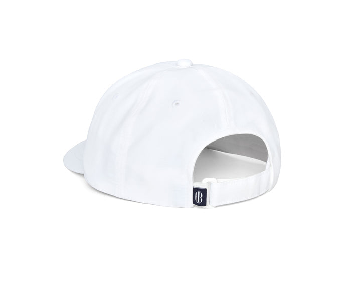 The Lightweight Performance Hat: White with Transfusion Icon, featuring a six-panel design, adjustable strap, and metal buckle, shown from the back.