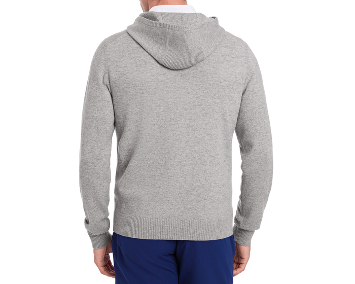 Back view of The Logan Hoodie Sweater in Heathered Gray, showcasing ribbed cuffs and hem over a collared shirt, paired with dark-blue pants.