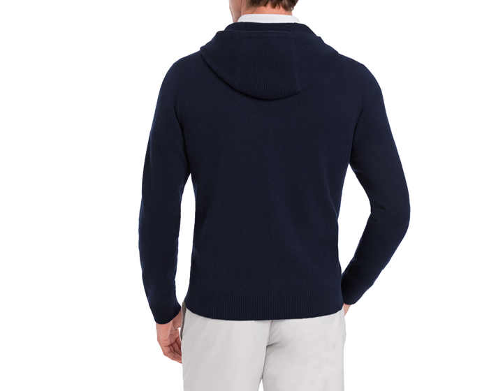 The Logan Hoodie Sweater: Heathered Navy, featuring a minimalist design with ribbed hem, hood, and cuffs, shown from the back, highlighting its luxurious texture and fit.