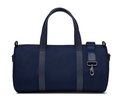 The Marston Banker Bag: Navy Ballistic, featuring top carry handles, adjustable shoulder strap, Napa leather trim, oxford stripe lining, and gunmetal hardware. Ideal for gym or travel.