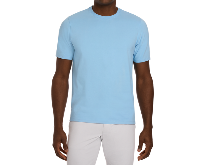The Mason T-Shirt: Vista Blue, shown on a model's upper body, highlights a classic short-sleeve crew-neck design made from midweight Peruvian pima cotton for comfort and durability.