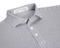 The Maxwell Shirt: Gray & White, a men's striped polo, features a spread collar, three-button placket, and moisture-wicking, UPF 30+ performance pique fabric.