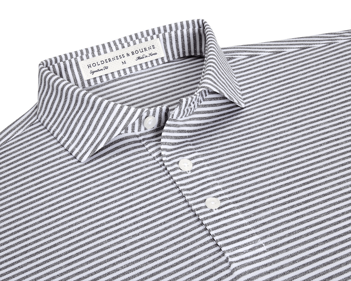 The Maxwell Shirt: Gray & White, a men's striped polo, features a spread collar, three-button placket, and moisture-wicking, UPF 30+ performance pique fabric.