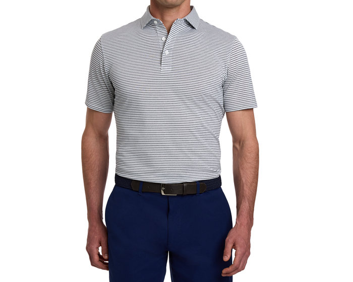 The Maxwell Shirt: Gray & White, featuring short sleeves and horizontal stripes, crafted from breathable, moisture-wicking pique knit for comfort and performance.