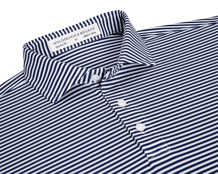 The Maxwell Shirt: Navy & White, showcasing a striped design with a structured collar, three-button placket, and Holderness & Bourne label for a modern, comfortable fit.