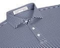 The Maxwell Shirt: Navy & White, showcasing a striped design with a structured collar, three-button placket, and Holderness & Bourne label for a modern, comfortable fit.
