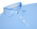 The Maxwell Shirt: Vista Blue & White, featuring fine stripes, a structured spread collar, three-button placket, and moisture-wicking performance pique for comfort.