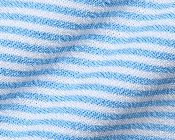 Close-up of The Maxwell Shirt: Vista Blue & White, featuring soft knit fabric with horizontal stripes and textured pique for comfort and moisture wicking.
