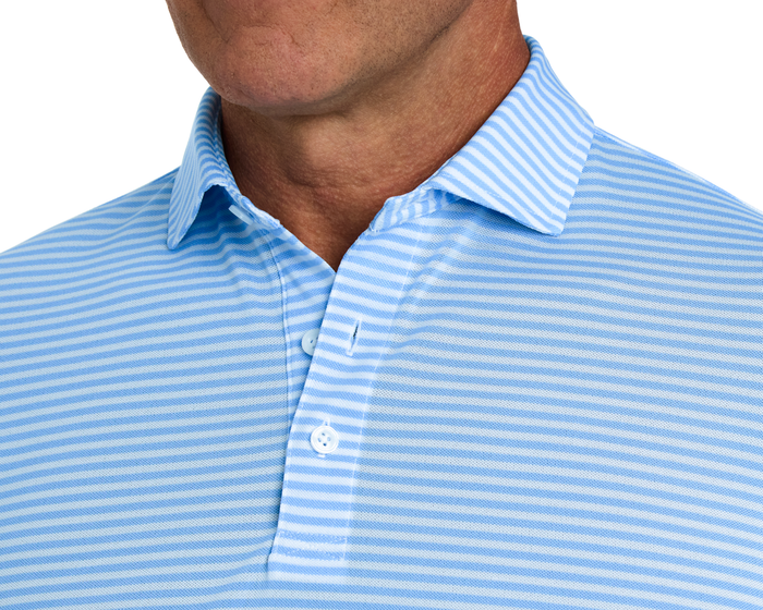 The Maxwell Shirt: Vista Blue & White features a striped design, structured collar, and two-button placket, showcasing a soft, breathable performance pique knit.