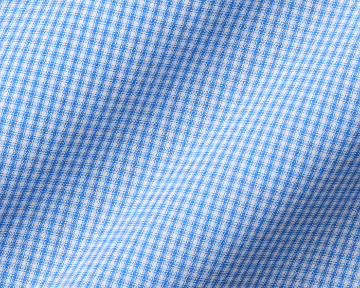 The McAllister Shirt: Horizon Blue, showcasing a blue-and-white gingham pattern in a cotton-blend poplin with subtle folds, highlighting its wrinkle-resistant and breathable qualities.