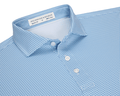 The Norman Shirt: Harbor & Maidstone Blue, a light-blue polo with subtle dark blue geometric pattern, classic collar, and three-button placket, featuring UPF 50+ protection.