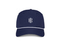 The Performance Rope Hat: Navy with HB Icon features a navy-blue design, white rope accent, monogram on front, UPF 50+ protection, and adjustable snap-back closure.