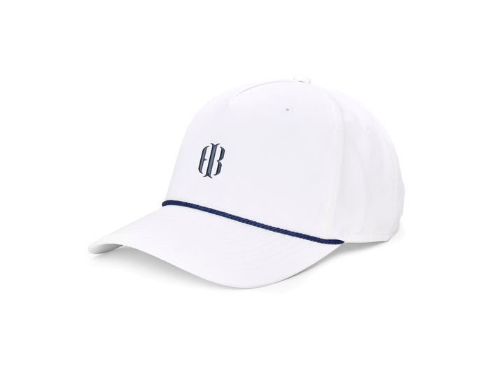 The Performance Rope Hat: White with HB Icon features a curved brim, navy braided cord, embroidered logo, and adjustable snap-back, offering UPF 50+ protection.