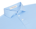 The Perkins Boys Shirt: Vista Blue & White features fine-striped polo design with a pointed collar, three-button placket, and crafted from breathable DryLuxe fabric.