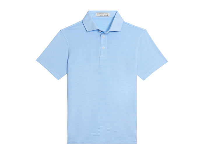 The Perkins Boys Shirt: Vista Blue & White, featuring short sleeves, a turn-down collar, two-button placket, and fine horizontal stripes, made from breathable DryLuxe fabric.