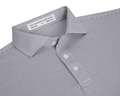 The Perkins Shirt: Gray & White, features a finely striped polo design with a structured collar, three-button placket, and performance fabric for comfort and protection.