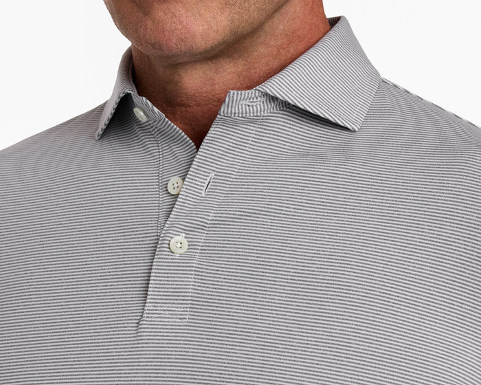 The Perkins Shirt: Gray & White, featuring fine stripes, structured spread collar, white buttons, and lightweight fabric for moisture wicking and UPF 50+ protection.