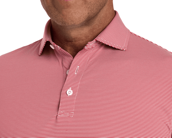 The Perkins Shirt: Liberty Red & White features fine white stripes, a classic collar, two-button placket, offering four-way stretch and UPF 50+ protection.