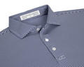 The Perkins Shirt: Navy & White features a micro-stripe knit with a point collar, three-button placket, and moisture-wicking performance fabric for versatile wear.