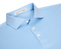 The Perkins Shirt: Vista Blue & White, featuring fine white stripes, a structured collar, three-button placket, and label reading “Holderness & Bourne” inside.