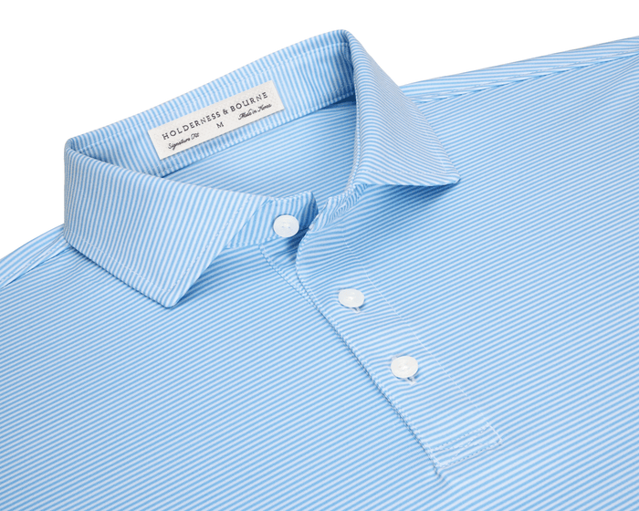 The Perkins Shirt: Vista Blue & White, featuring fine white stripes, a structured collar, three-button placket, and label reading “Holderness & Bourne” inside.