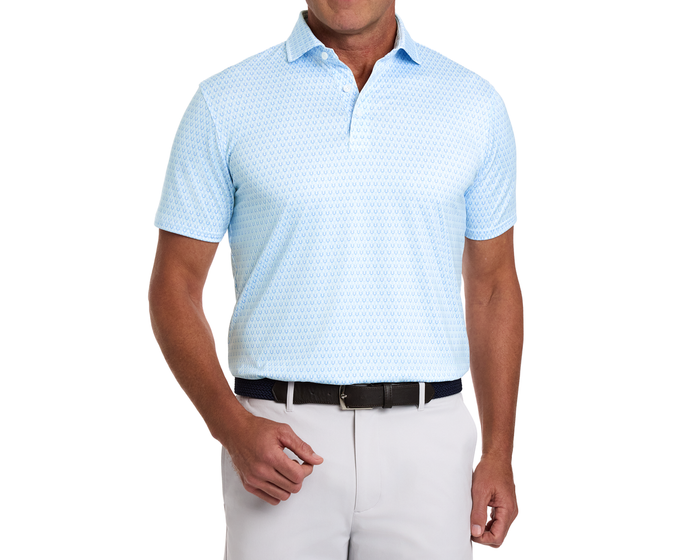 The Rivers Shirt: Vista Blue & Horizon Blue, featuring an understated horseshoe pattern, offers a relaxed, moisture-wicking fit with a structured collar for versatile comfort.