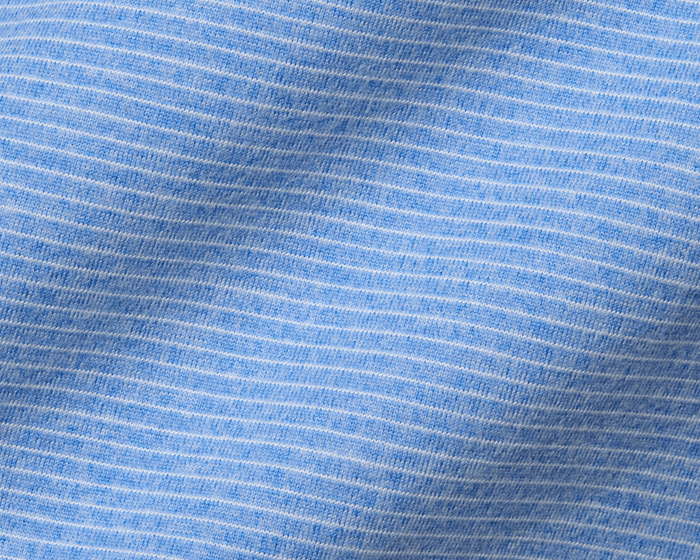 The Royce Quarter-Zip: Heathered Horizon Blue features a close-up of fine-knit texture with white stripes, highlighting its soft, stretchy, moisture-wicking fabric.