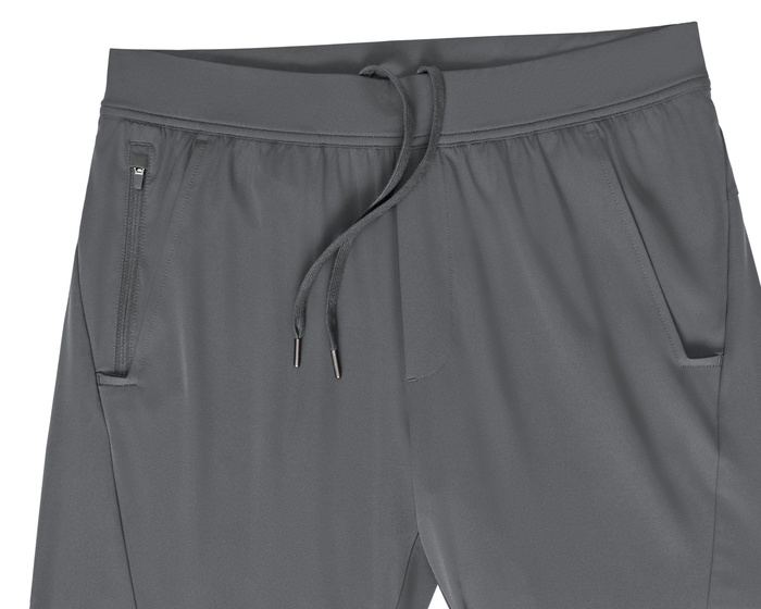 The Saunders Short: Iron Gray features a drawstring waistband, two front pockets, one zippered for essentials, ideal for workouts with a quick-dry, stretch fabric.
