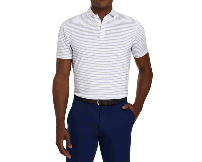 The Springer Shirt: White/Vista Blue/Tudor, worn by a male model, features a structured spread collar, fine stripes, and is paired with navy trousers and a black belt.