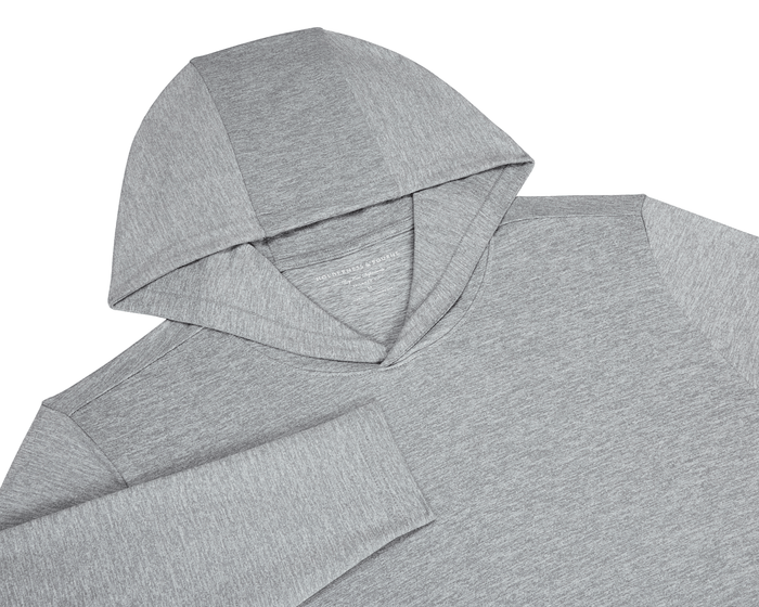 The Stowe Hoodie: Heathered Gray, showing a soft, knit texture with a V-insert neckline, long sleeves, and athletic drop-tail hem, ideal for layering.