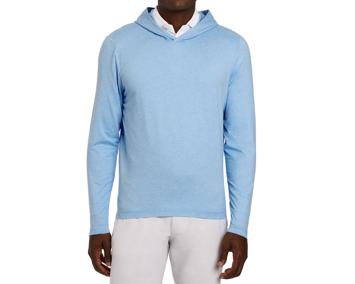 The Stowe Hoodie: Heathered Vista Blue, showcased over a white collared shirt, features a lightweight, ultra-soft design with set-in sleeves and an athletic drop-tail hem.
