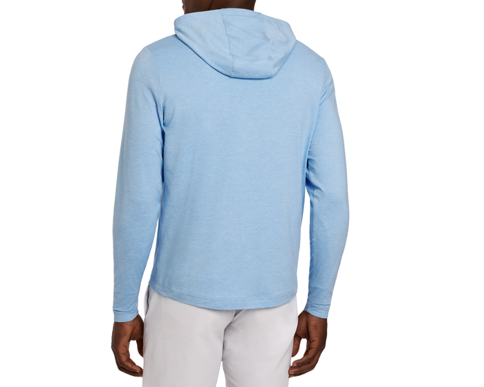 Back view of a male model wearing The Stowe Hoodie in Heathered Vista Blue, showcasing its lightweight, ultra-soft fabric and athletic drop-tail hem.