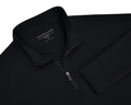 The Stuart Quarter-Zip: Black pullover with a ribbed texture, standing collar, and logo zipper. Features a soft interior and Holderness & Bourne label.