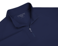 The Stuart Quarter-Zip: Navy, featuring a ribbed stand-up collar, short zipper, and textured fabric, offers a luxurious, lightweight fit with a soft interior.