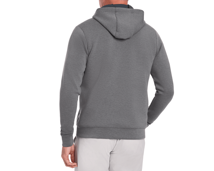 Back view of The Tilley Quarter-Zip Hoodie: Heathered Charcoal, showcasing its sleek design, fitted wrist cuffs, and flat hood against a plain background.