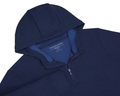 The Tilley Quarter-Zip Hoodie: Heathered Navy, features a quarter-zip front, long sleeves, and a sleek silhouette, perfect for versatile, midweight performance.