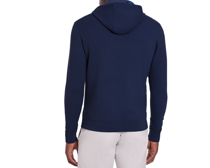 Back view of The Tilley Quarter-Zip Hoodie: Heathered Navy, showcasing its relaxed fit and folded hood, perfect for versatile, cooler-day wear.