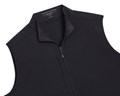 The Ventura Vest: Black, men’s sleeveless, zip-front vest with a stand-up collar, grid-textured knit, and hidden zippered chest pocket, ideal for warm weather layering.