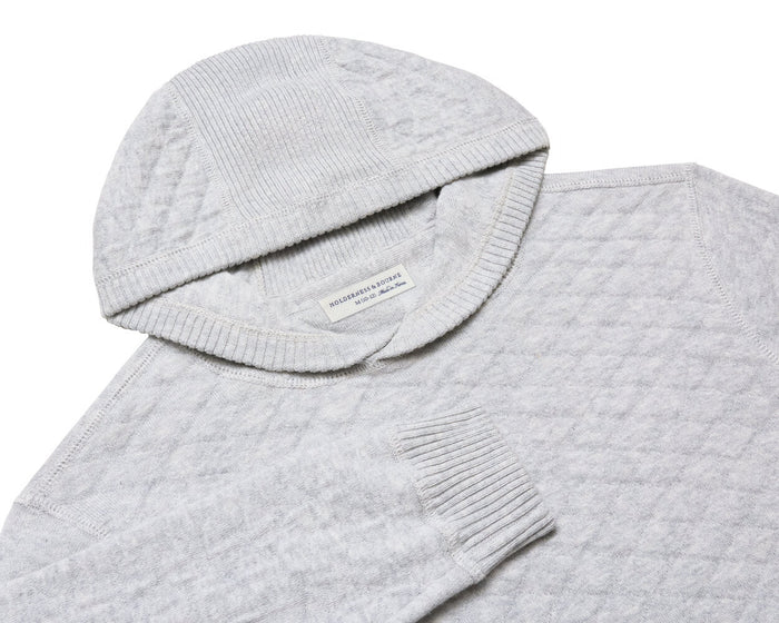 The Wallace Boys Hoodie Sweater: Heathered Gray, featuring a textured knit with ribbed cuff, hood, and jacquard pattern, crafted from soft Egyptian cotton.
