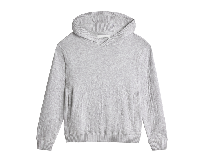 The Wallace Boys Hoodie Sweater: Heathered Gray, features a light-gray pullover design with a hood, ribbed cuffs, hem, and inset side pockets.