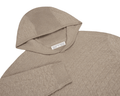 The Wallace Hoodie Sweater: Heathered Light Dune features a ribbed hood, diamond-knit texture, and ribbed cuffs, crafted from 100% Egyptian cotton for warmth.