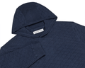 The Wallace Hoodie Sweater: Heathered Navy, featuring a diamond-patterned knit design, ribbed cuffs, and a “Holderness & Bourne” label at the collar.