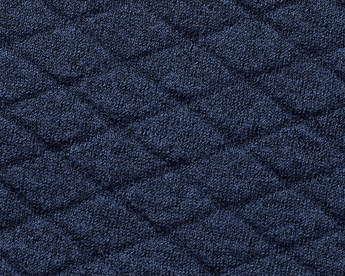 The Wallace Hoodie Sweater: Heathered Navy features a quilted, diamond-patterned texture with ribbed side panels, crafted from 100% Egyptian cotton for warmth and style.