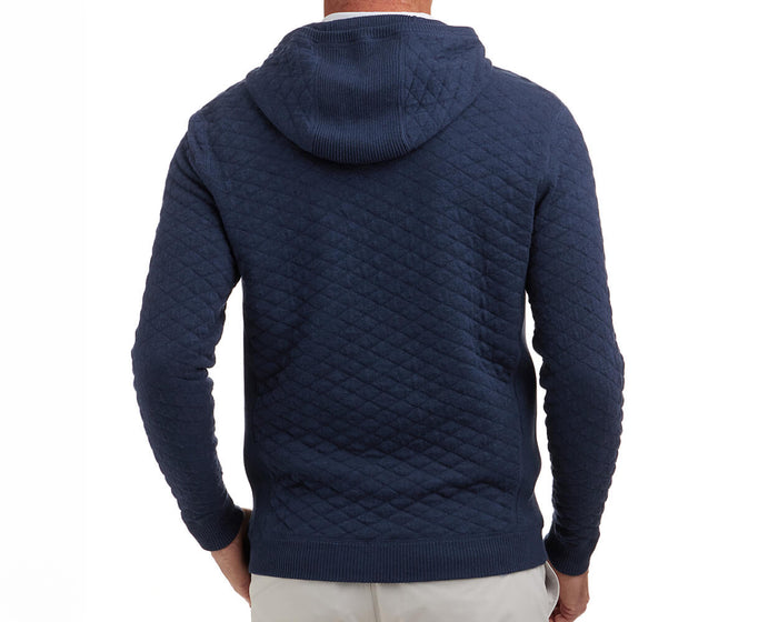The Wallace Hoodie Sweater: Heathered Navy, featuring diamond-pattern stitching, ribbed hem, and cuffs in 100% Egyptian cotton, shown from the back with an attached hood.