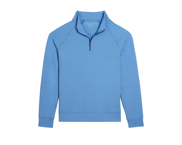 The Westland Boys Quarter-Zip: Heathered Vista Blue pullover with a stand-up collar and quarter-length zipper, designed for versatile layering and moisture-wicking performance.