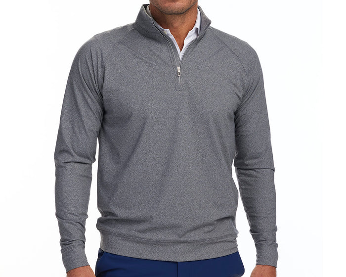 Front shot of Holderness and Bourne charcoal man quarter zip modeled on man's torso.