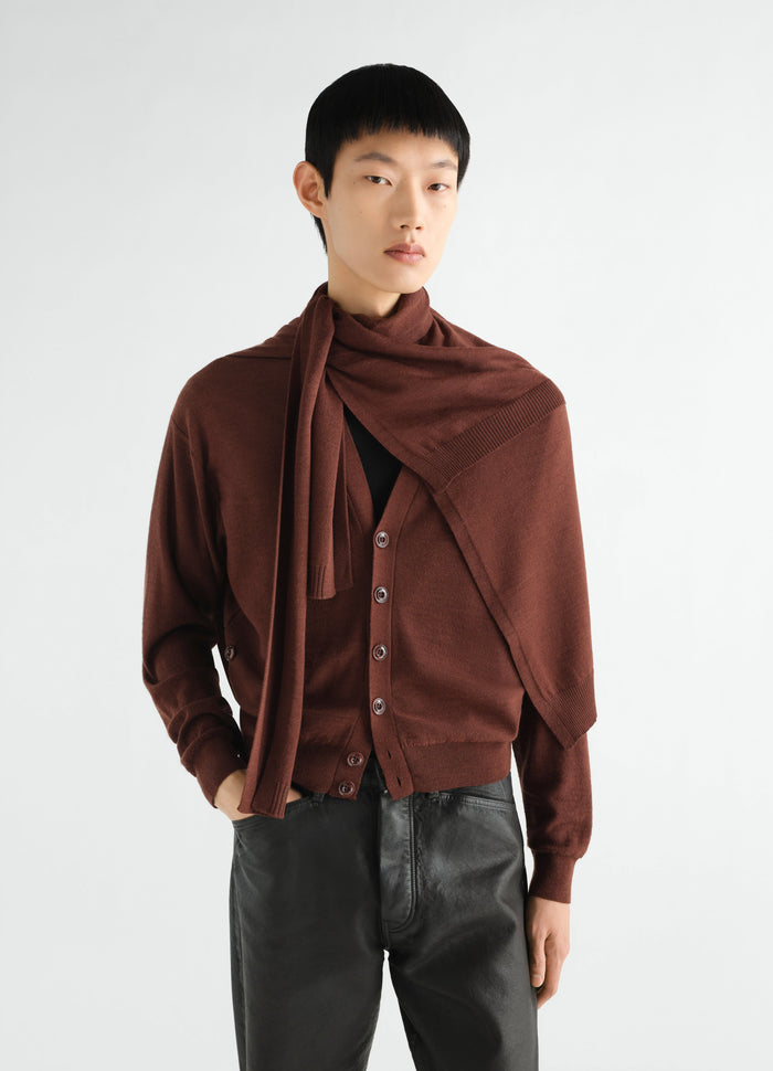 Trompe L'Oeil burgundy merino blend scarf and cardigan worn by model with black leather pants LEMAIRE front view