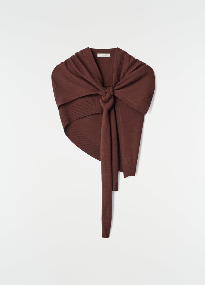 Trompe L'Oeil brown merino blend scarf with knot detail LEMAIRE flat lay on white background